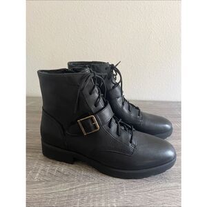 New Vionic Catina Black Leather Combat Moto Ankle Boots Womens 9.5